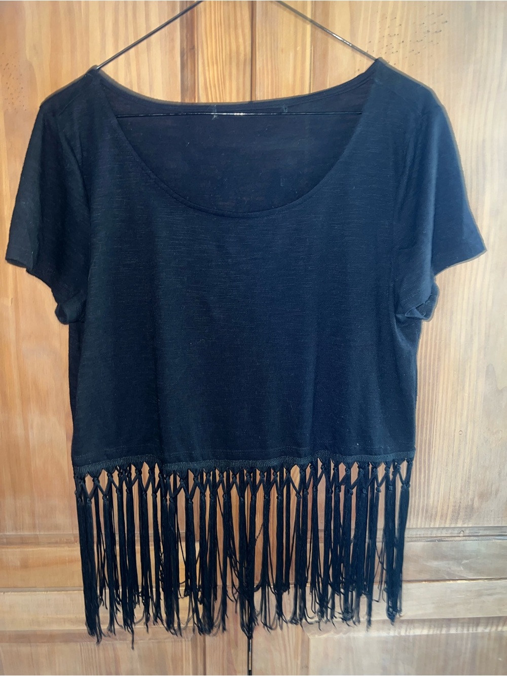 Women’s Small Black Fringe Hem Crop Top Biker Festival Grunge